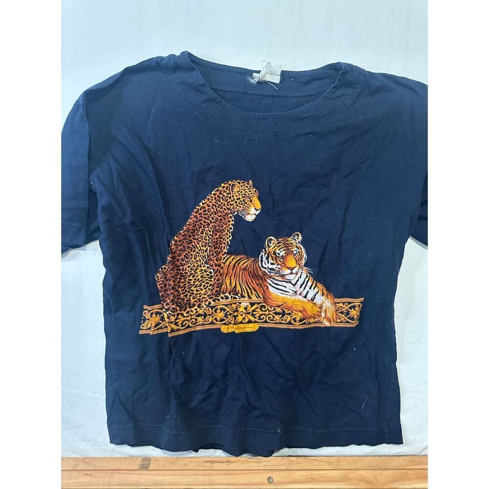 Vintage Salvatore Ferragamo Leopard Tiger Graphic Tee Navy XS Animal Print Shirt